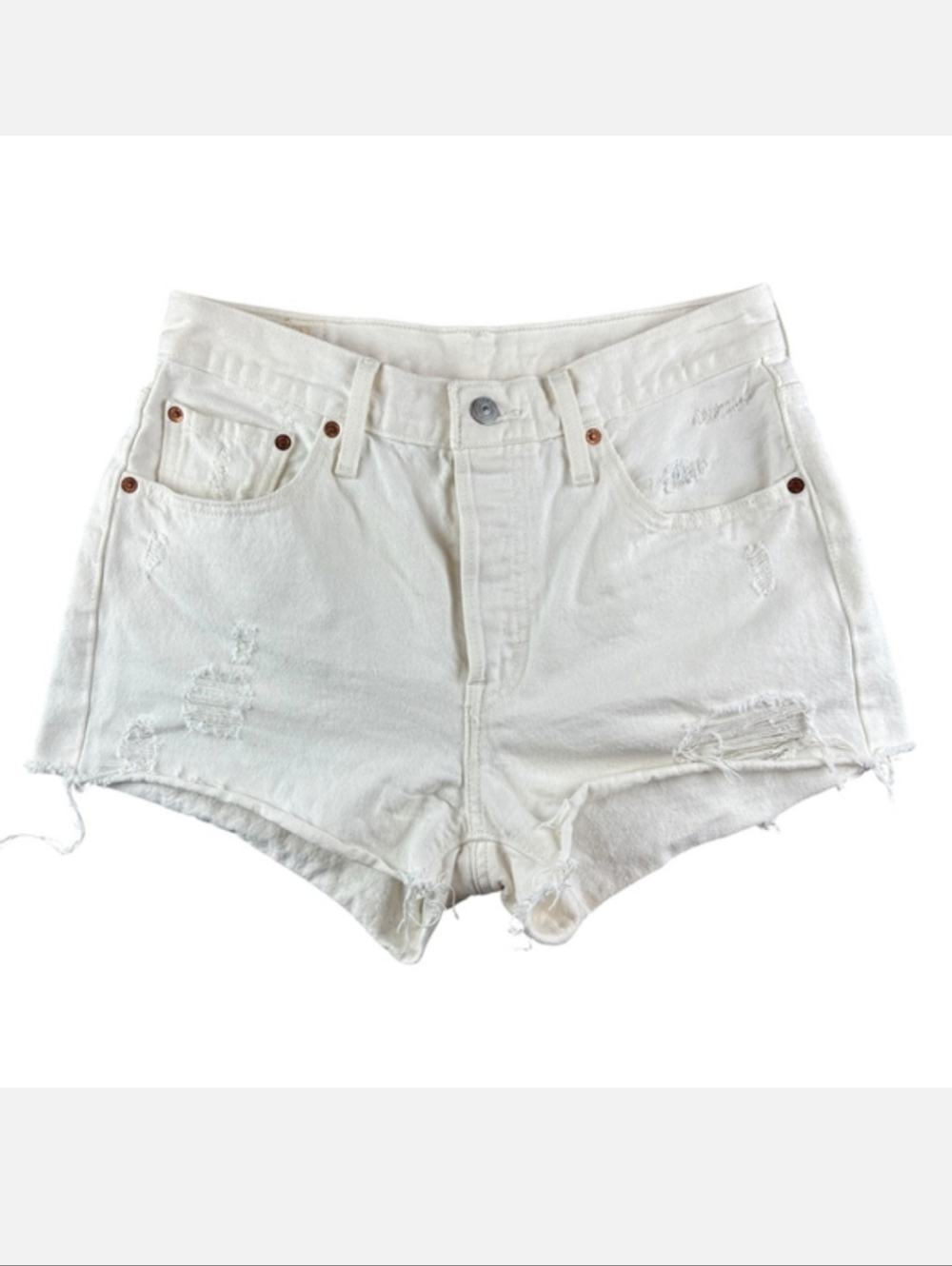 Levi’s Cream White 501 Button Fly Distressed Cutoff Jean Shorts Denim Size 28